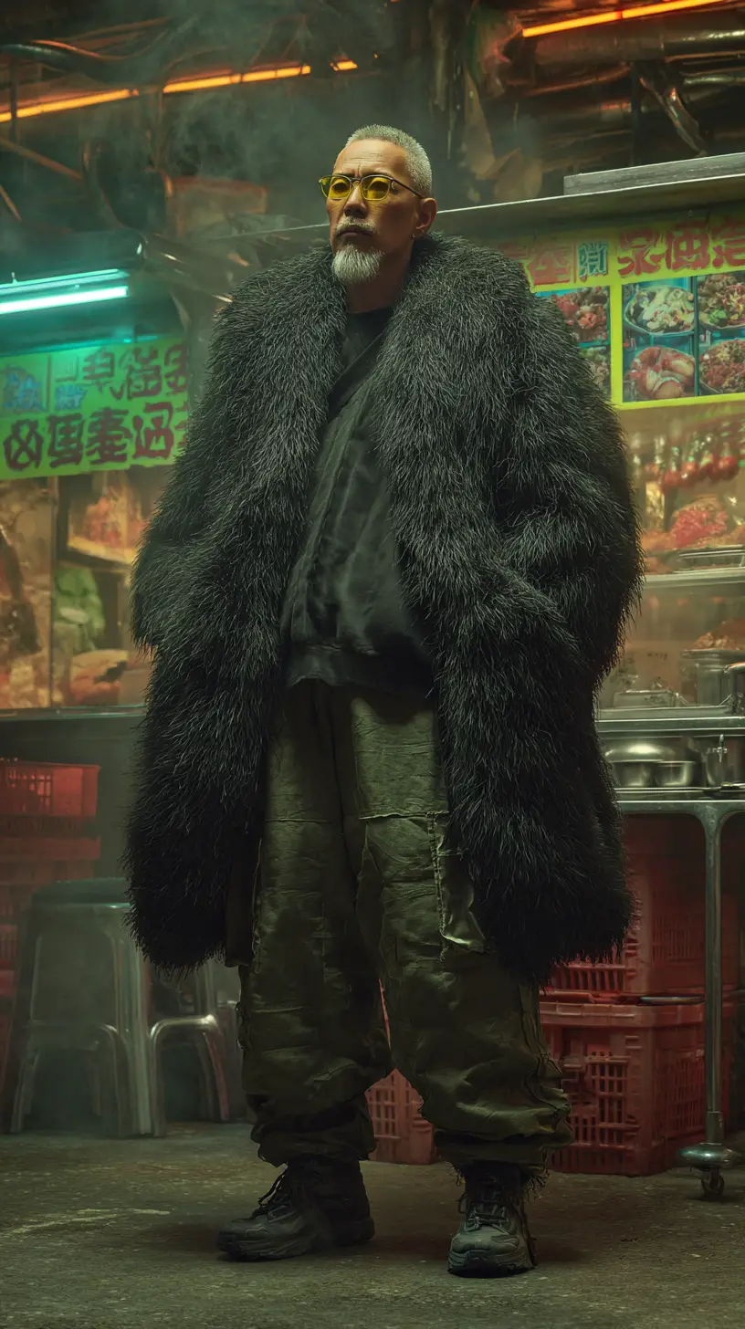 Stylish elderly asian man at cyberpunk street food stall