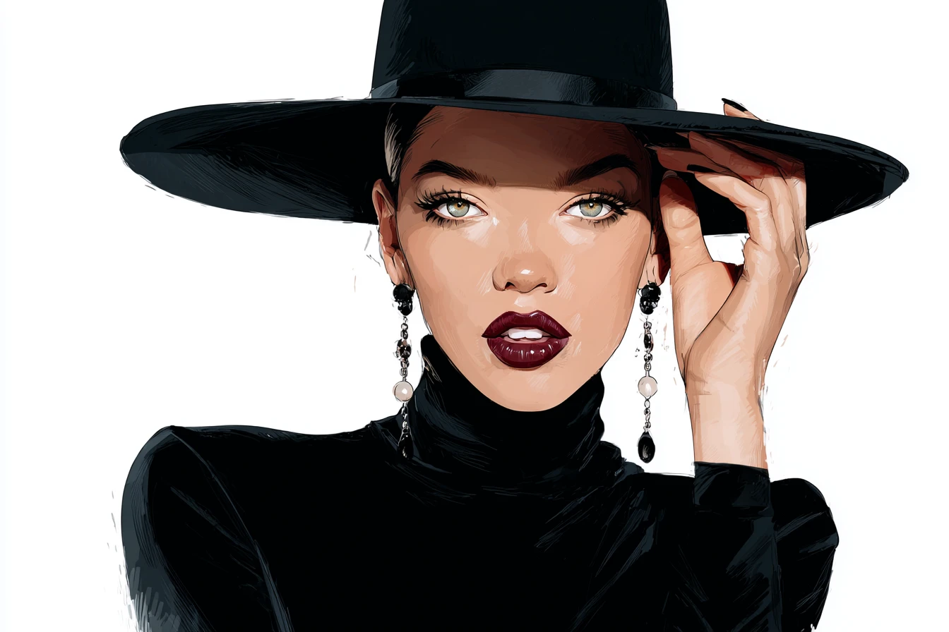 Elegant woman in black fedora and tailored leather jacket