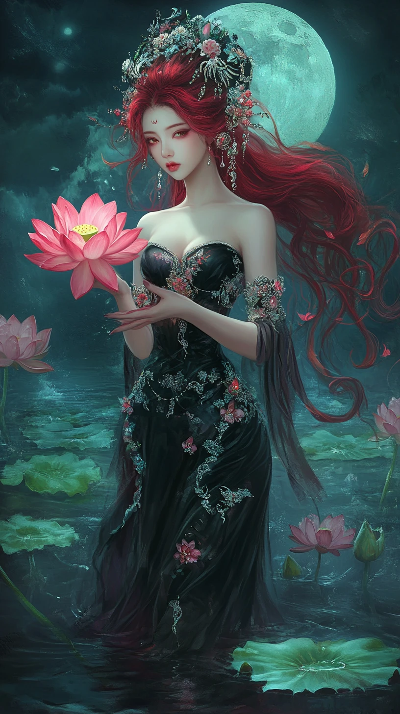 Asian woman with glowing lotus in moonlit water garden