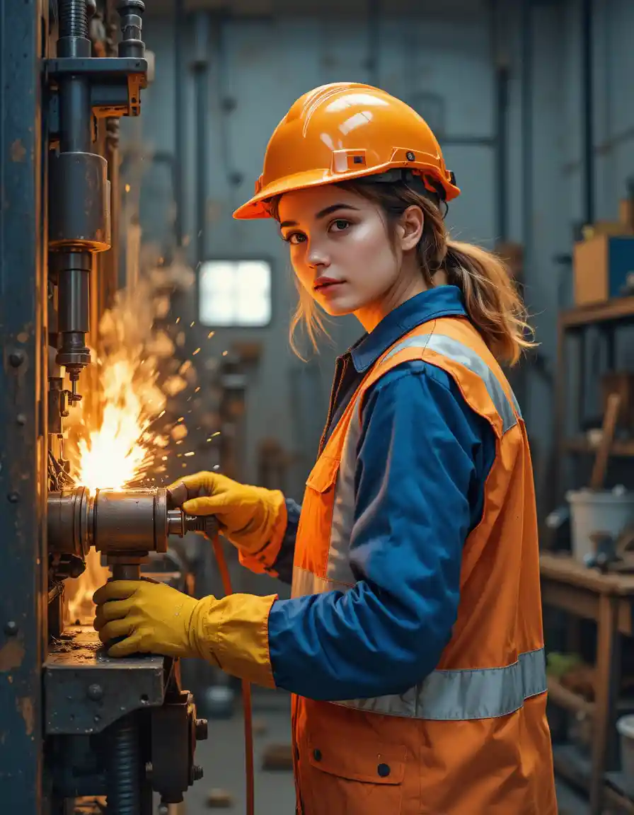 Female industrial worker operating machine in warm workshop