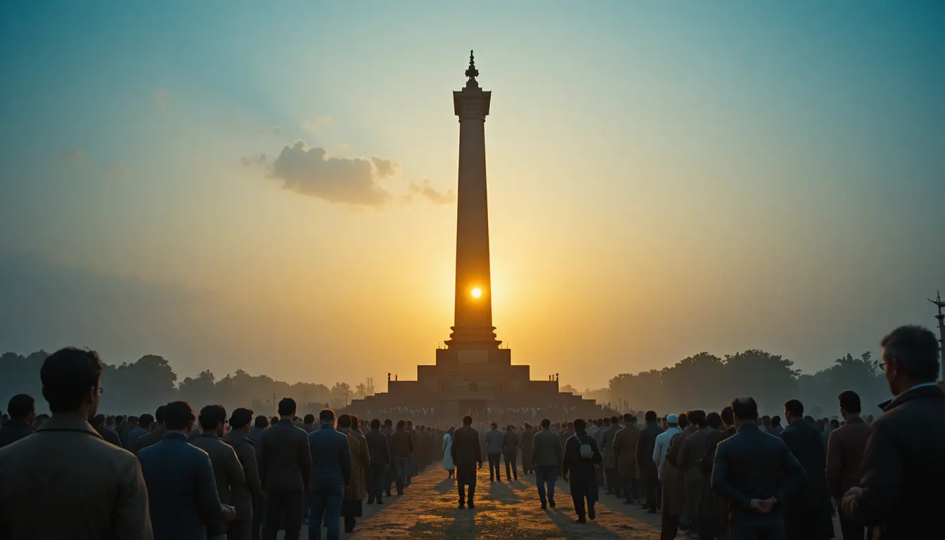 Cinematic monument scene at dawn with people in tribute