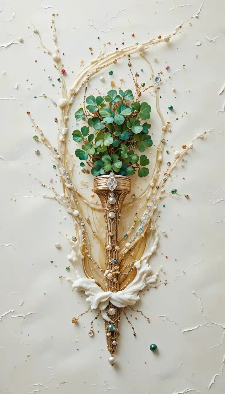 Surreal champagne splash with tree shaped brush and gemstones