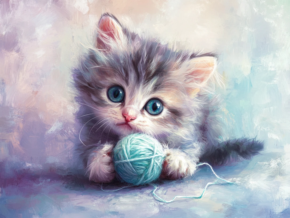 Adorable fluffy kitten playing with a soft yarn ball