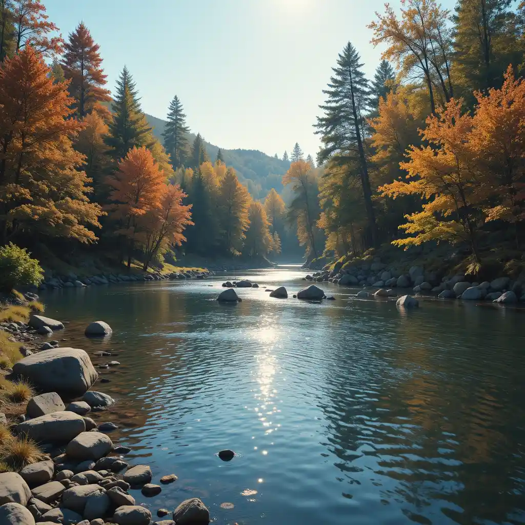 Peaceful river with trees rocks and gentle ripples