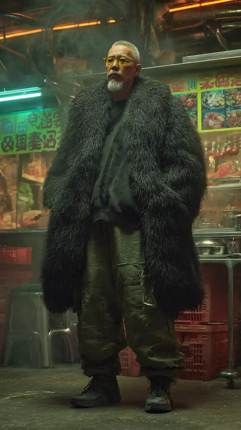 Stylish elderly asian man at cyberpunk street food stall