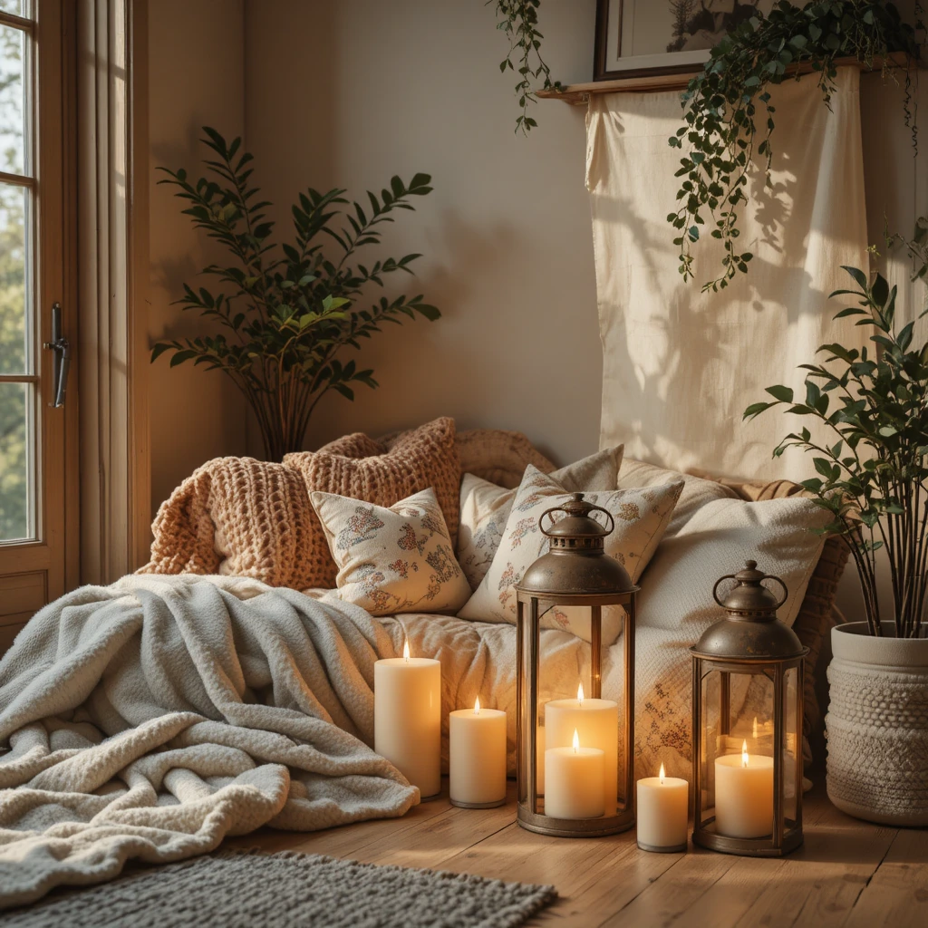 Coin de maison chaleureux à la lueur des bougies avec déco rustique et cosy