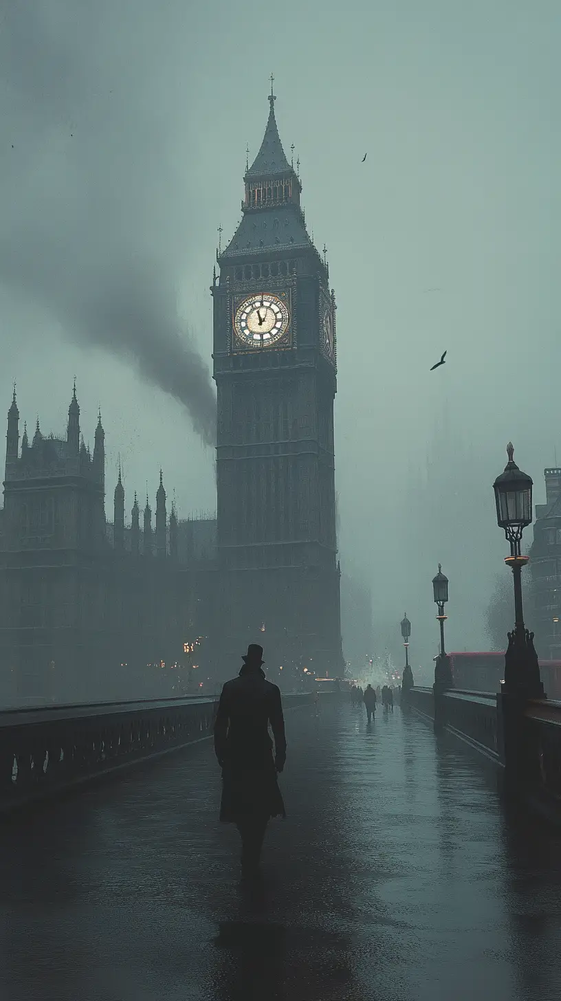 Foggy Victorian London street with distant clock tower