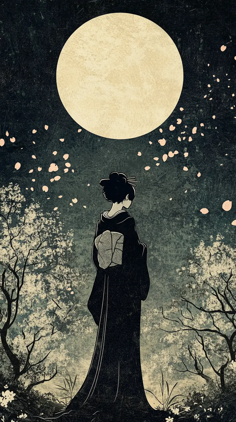 Geisha In Moonlit Garden With Falling Cherry Blossoms
