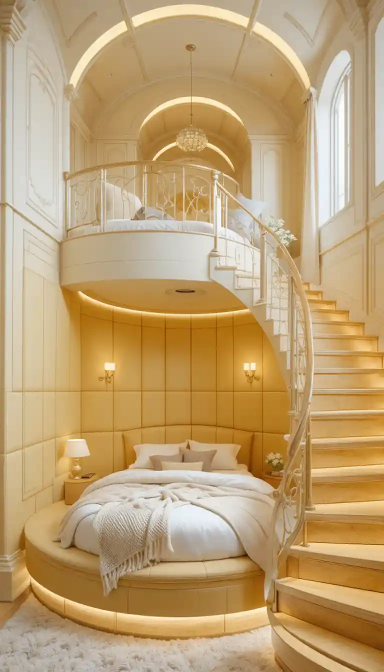 Luminoso dormitorio duplex di lusso con nicchia letto circolare