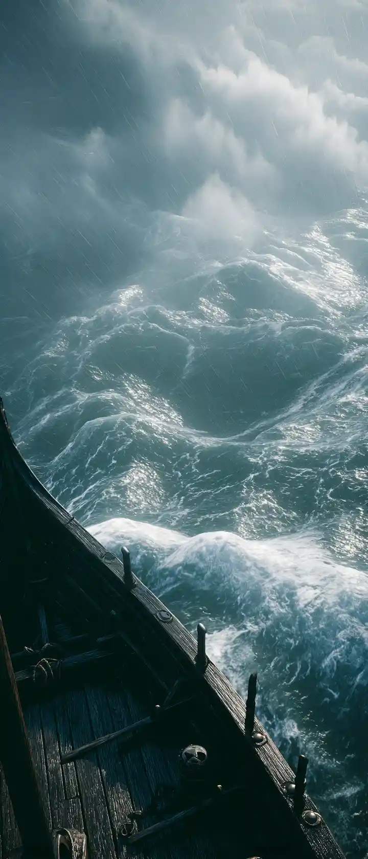 Mer orageuse vue depuis la proue d’un vieux navire viking