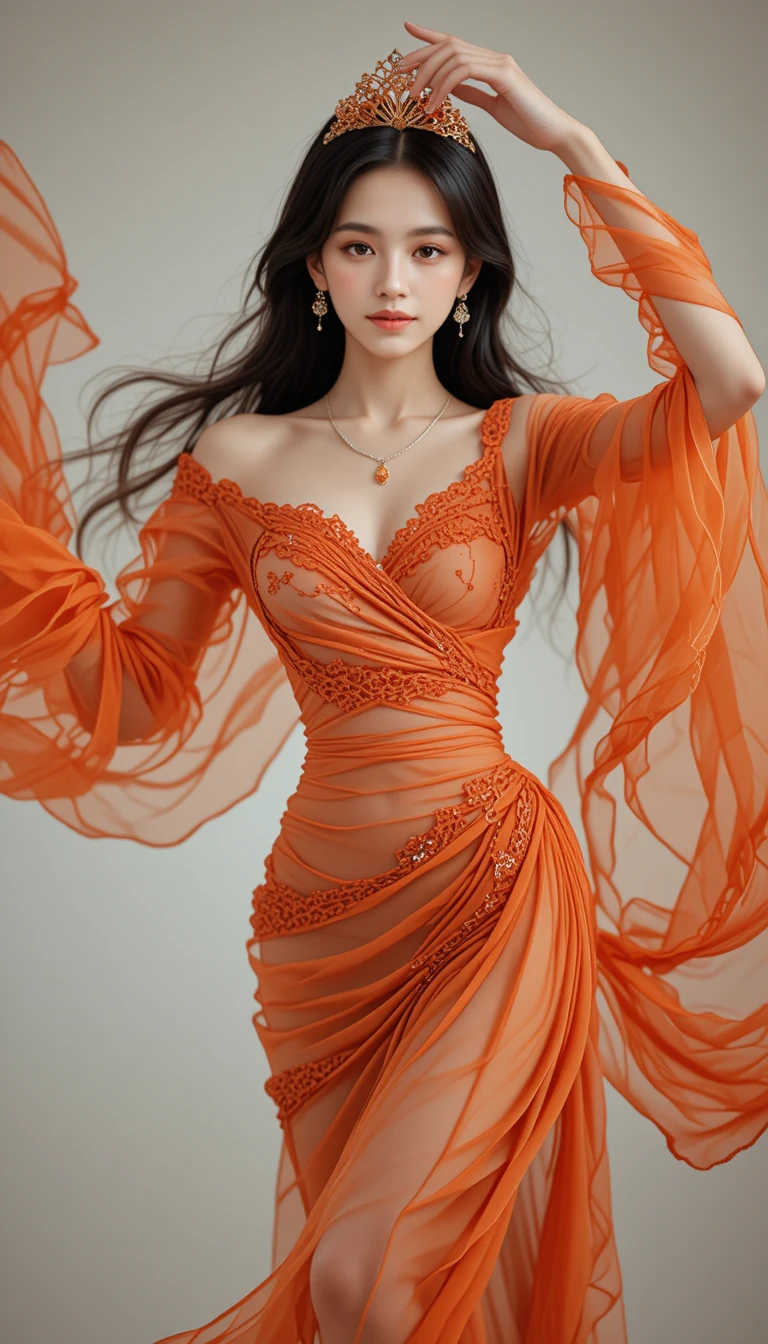 Elegante donna che danza con un leggero tessuto arancione svolazzante