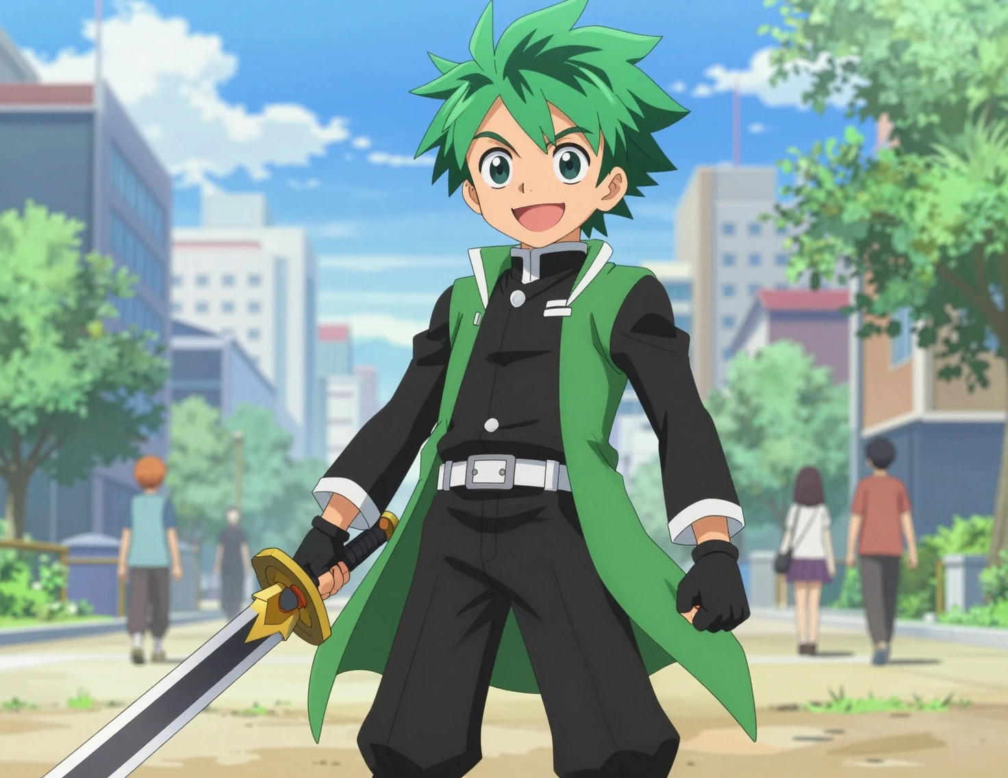 Anime boy hero with sword in sunny city street