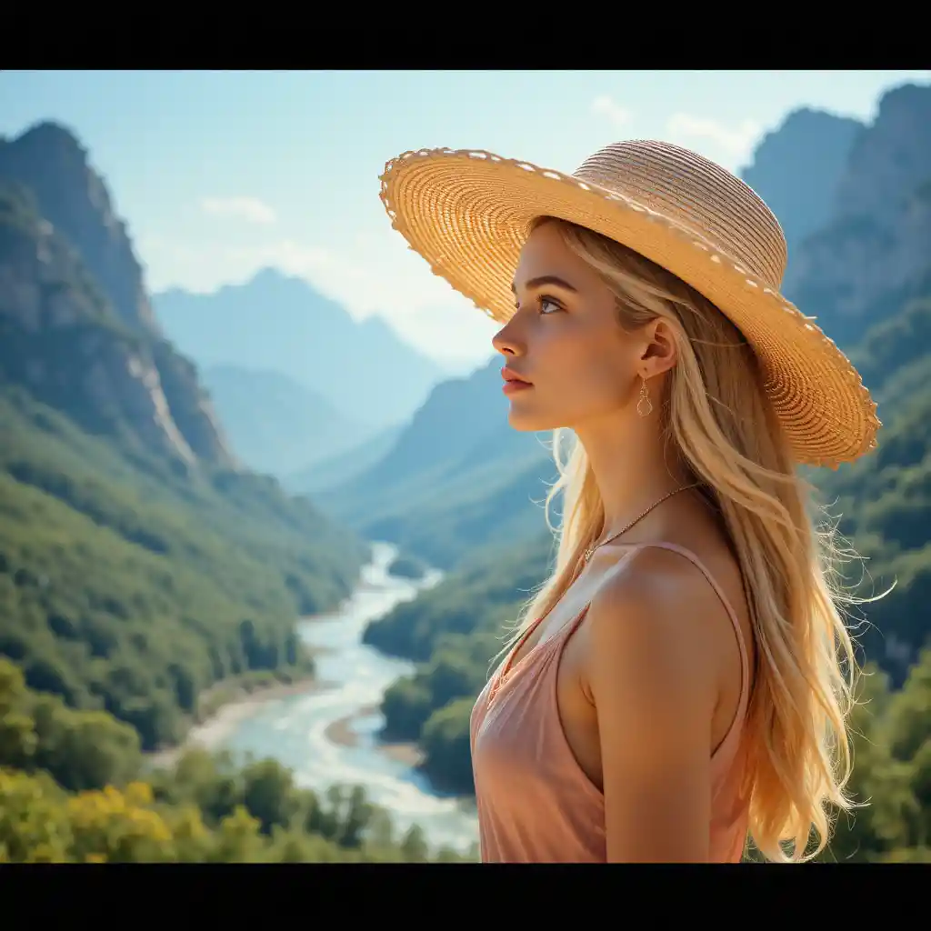 Young woman in straw hat gazing over mountain valley