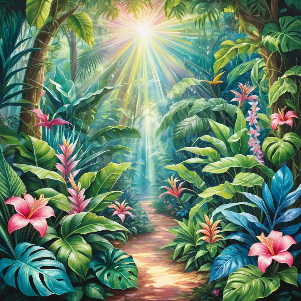 Surreal Tropical Forest Dreamscape With Lush Plants And Flowers