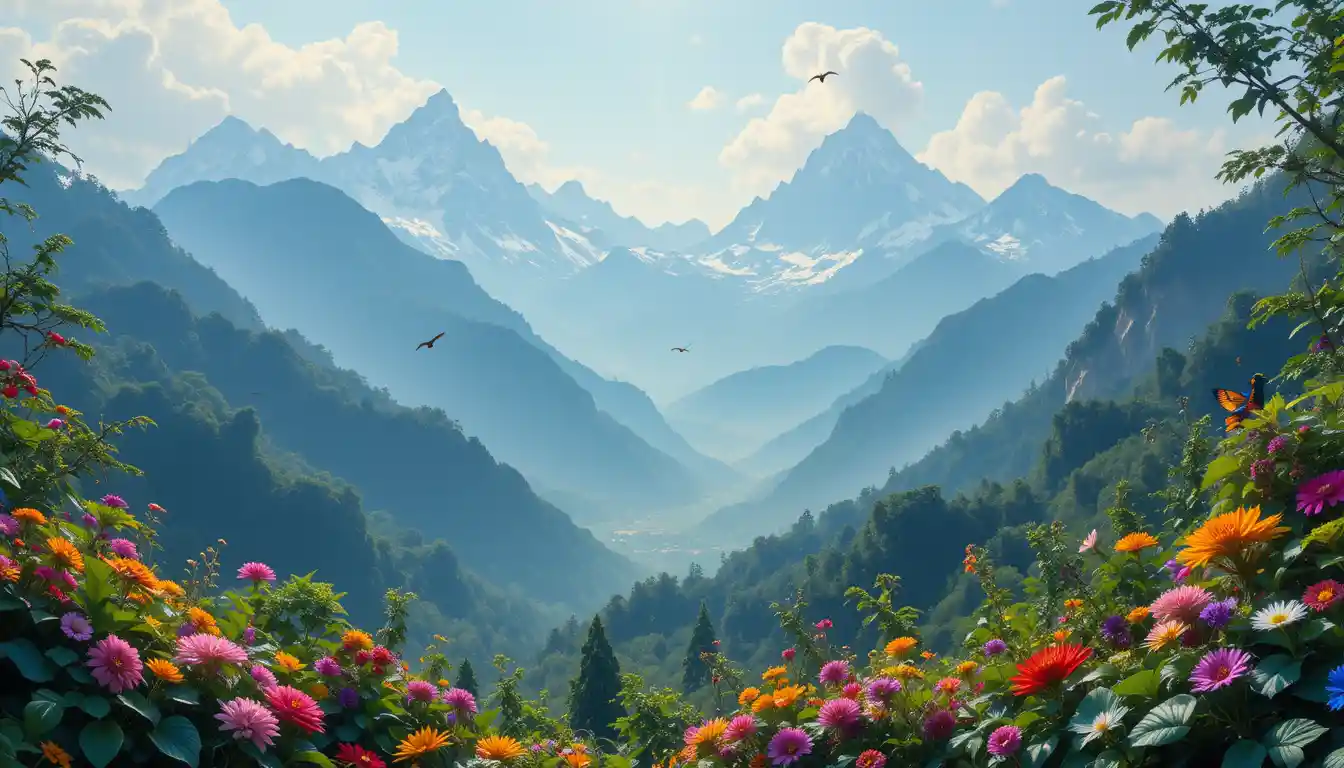 豊かな山々の風景に舞う色鮮やかな鳥たち