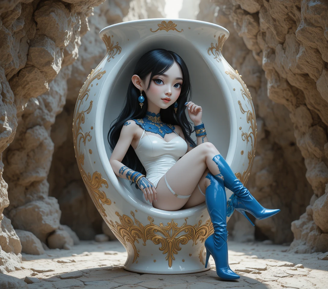 Femme futuriste se relaxant dans un vase en forme de grotte rocheuse
