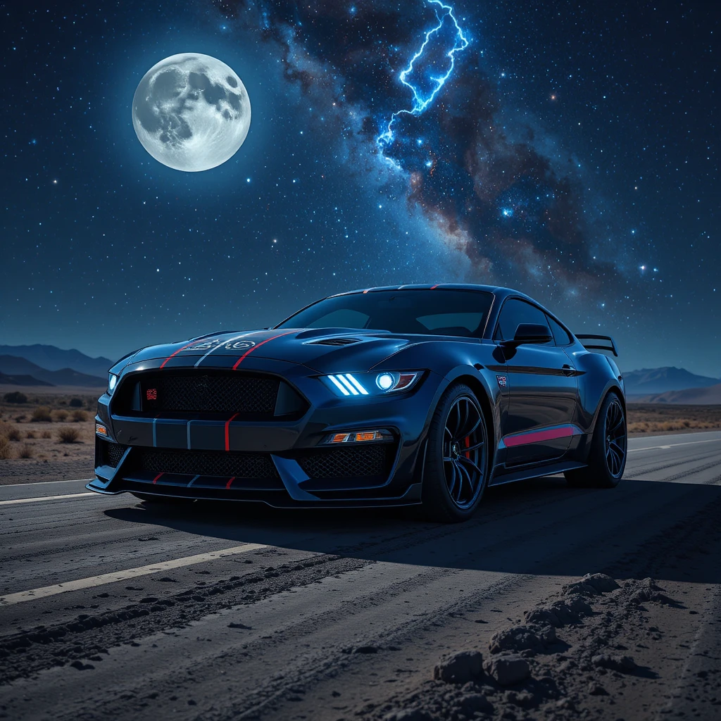 Auto sportiva in stile anime su un’autostrada nel deserto illuminata dalla luna sotto le stelle