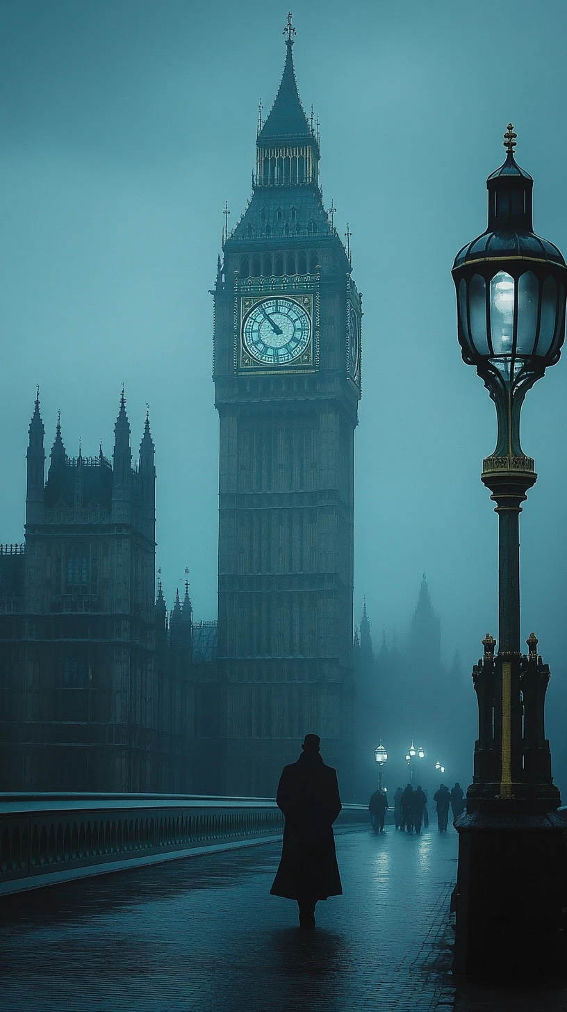 Calle victoriana de Londres entre la niebla con el Big Ben alzándose