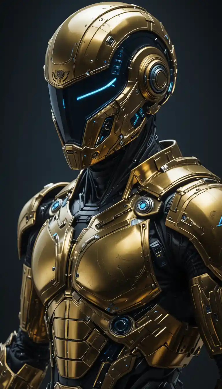 Cyborg corazzato futuristico con dettagli blu luminosi sul casco