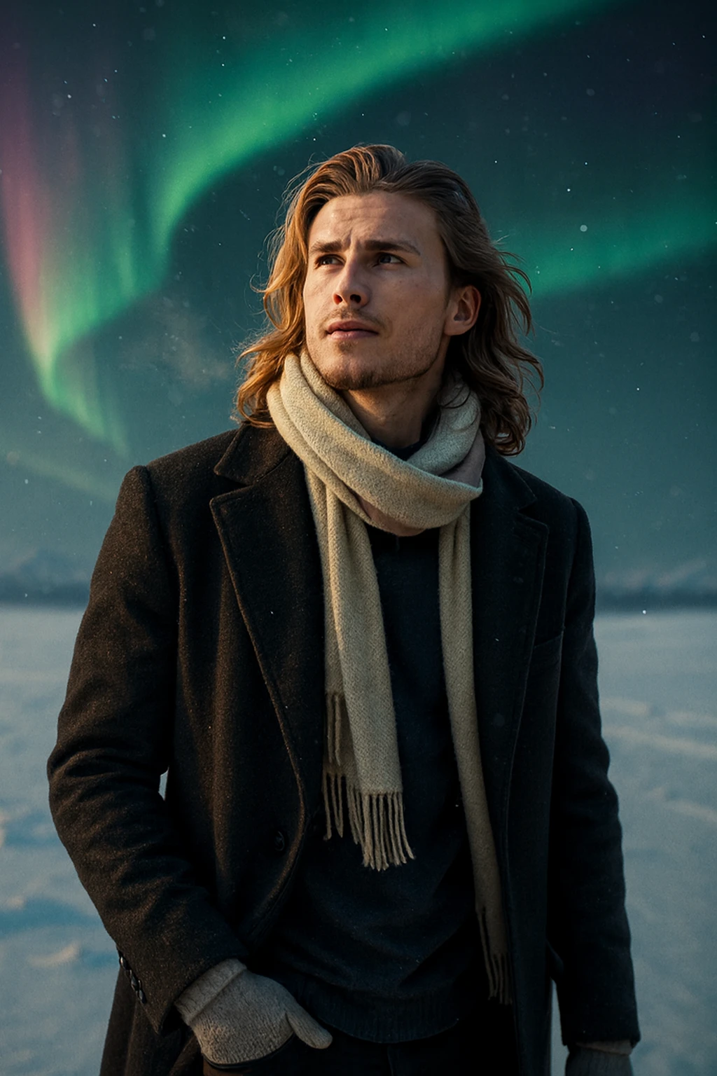 Cinematic winter portrait of a woman in a snowy landscape