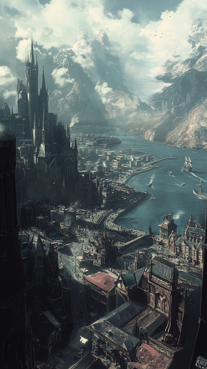 Oscura città fantasy industriale in una vasta valle montuosa