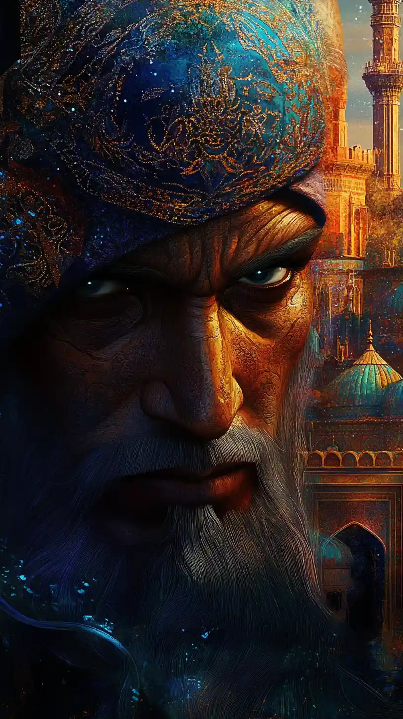 Nahaufnahme-Porträt einer mächtigen orientalischen Dschinn-Illustration