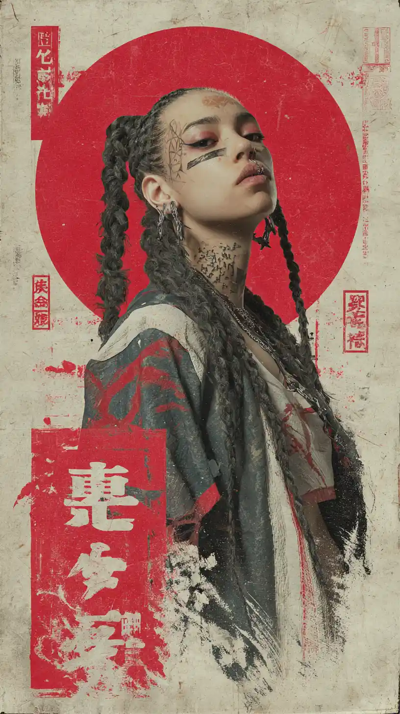 Ragazza con trecce in stile ukiyo-e davanti al sole rosso nascente