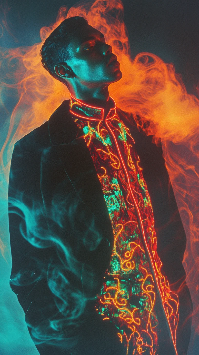 High fashion man framed by glowing swirling smoke ribbons