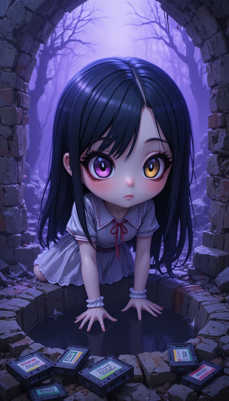 Monstre chibi inquiétant rampant hors d’un puits maudit