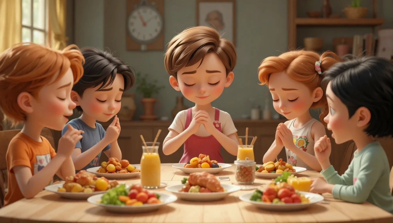 Des enfants priant ensemble, la tête baissée, avant leur repas
