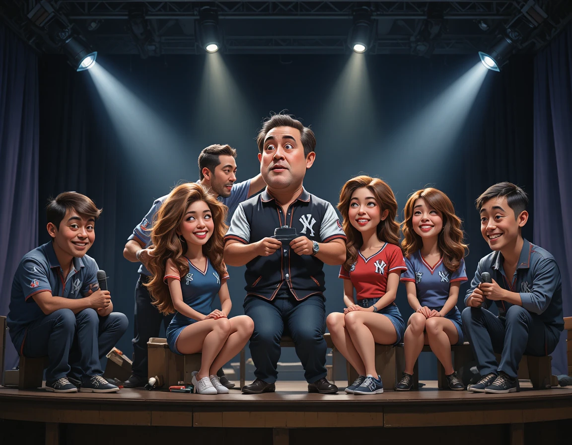 Group of six people on a dark tv studio stage