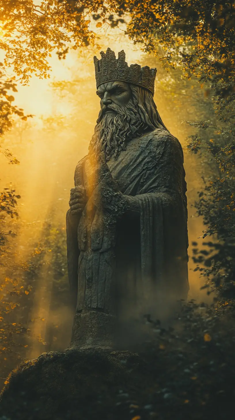 Ancient war god statue at sunrise in misty forest