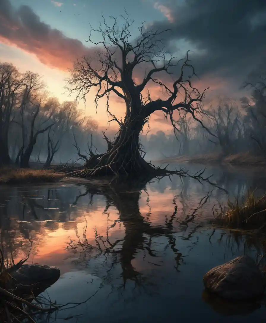 Verdrehter Baum an einem dunklen Teich bei unheimlichem Sonnenuntergang