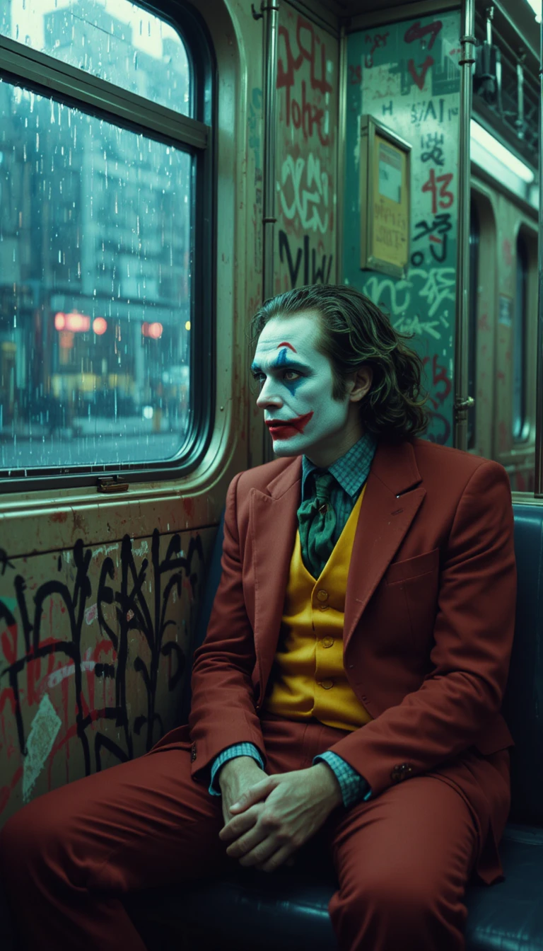 Sad man in clown makeup on lonely gotham subway