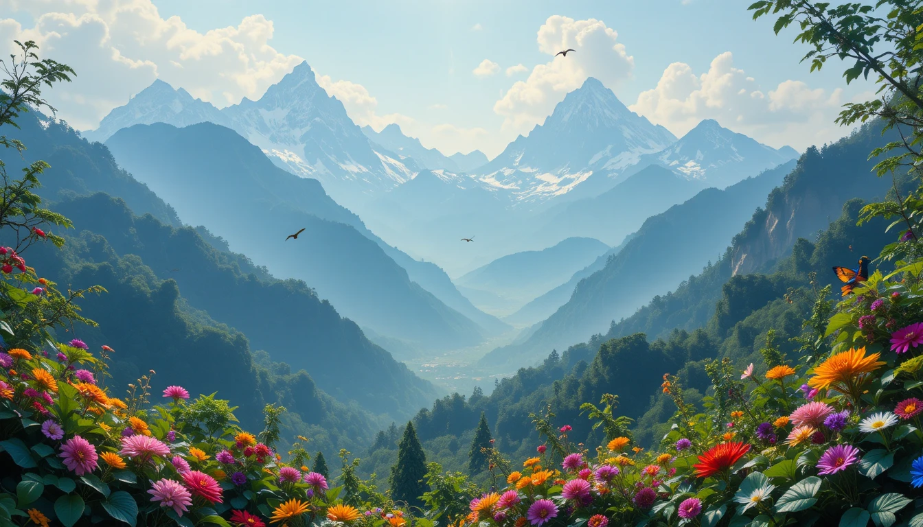 豊かな山々の風景に舞う色鮮やかな鳥たち