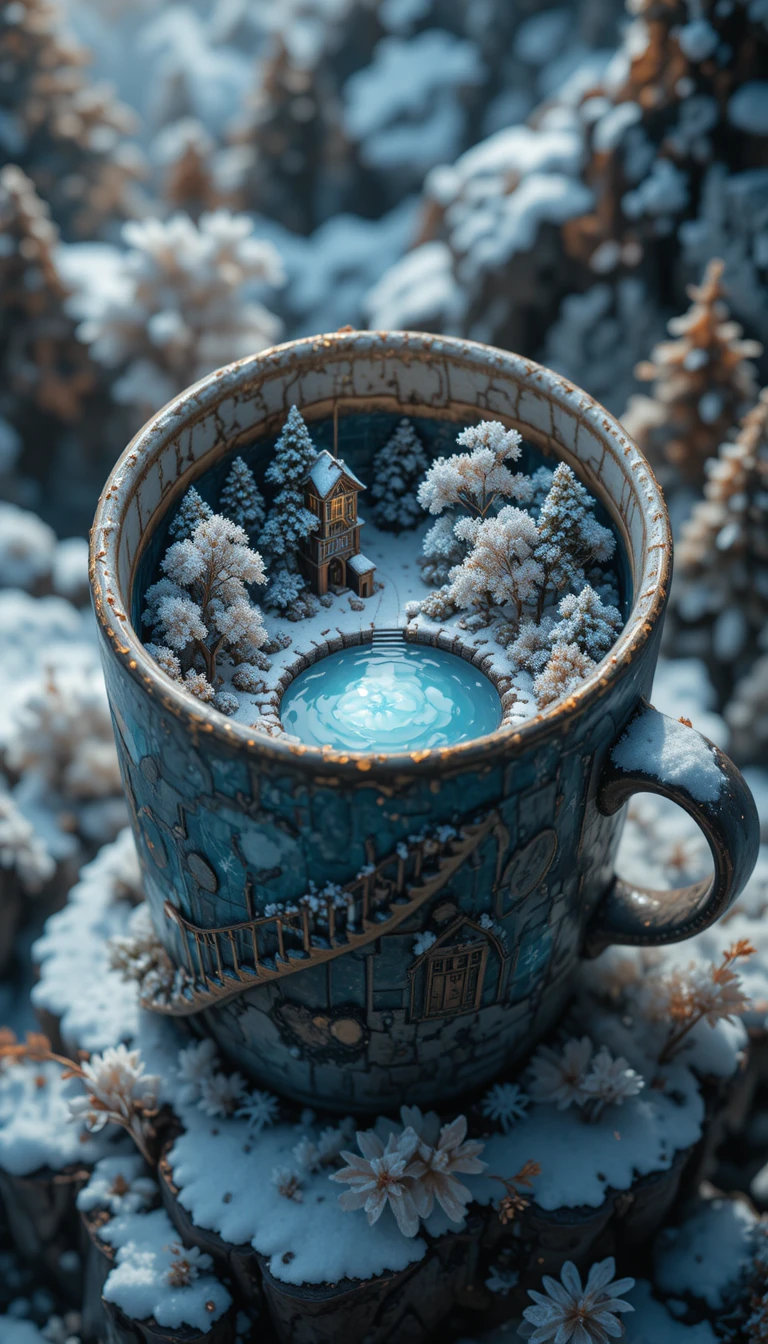 Tasse de café enchantée révélant une vallée de montagne isométrique cachée