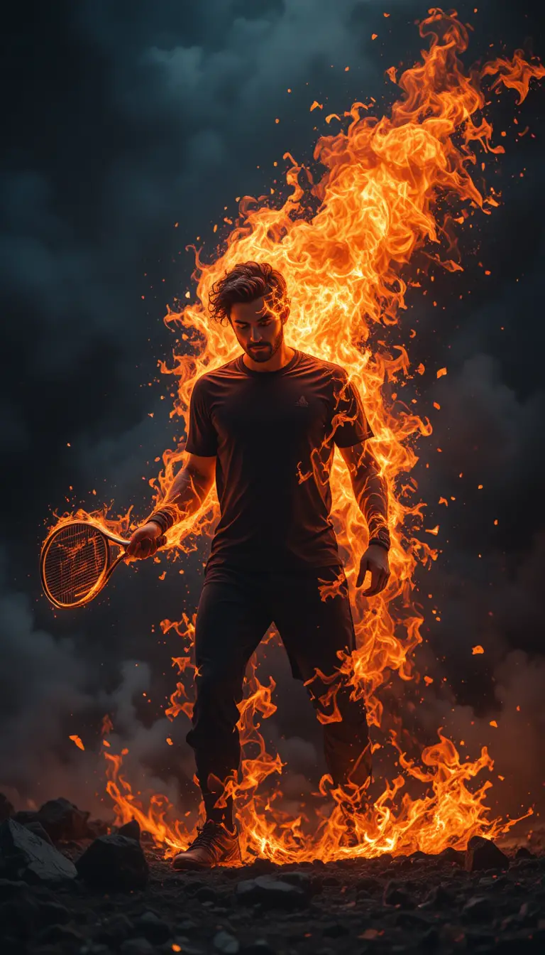 Furious padel player with fiery aura on black background