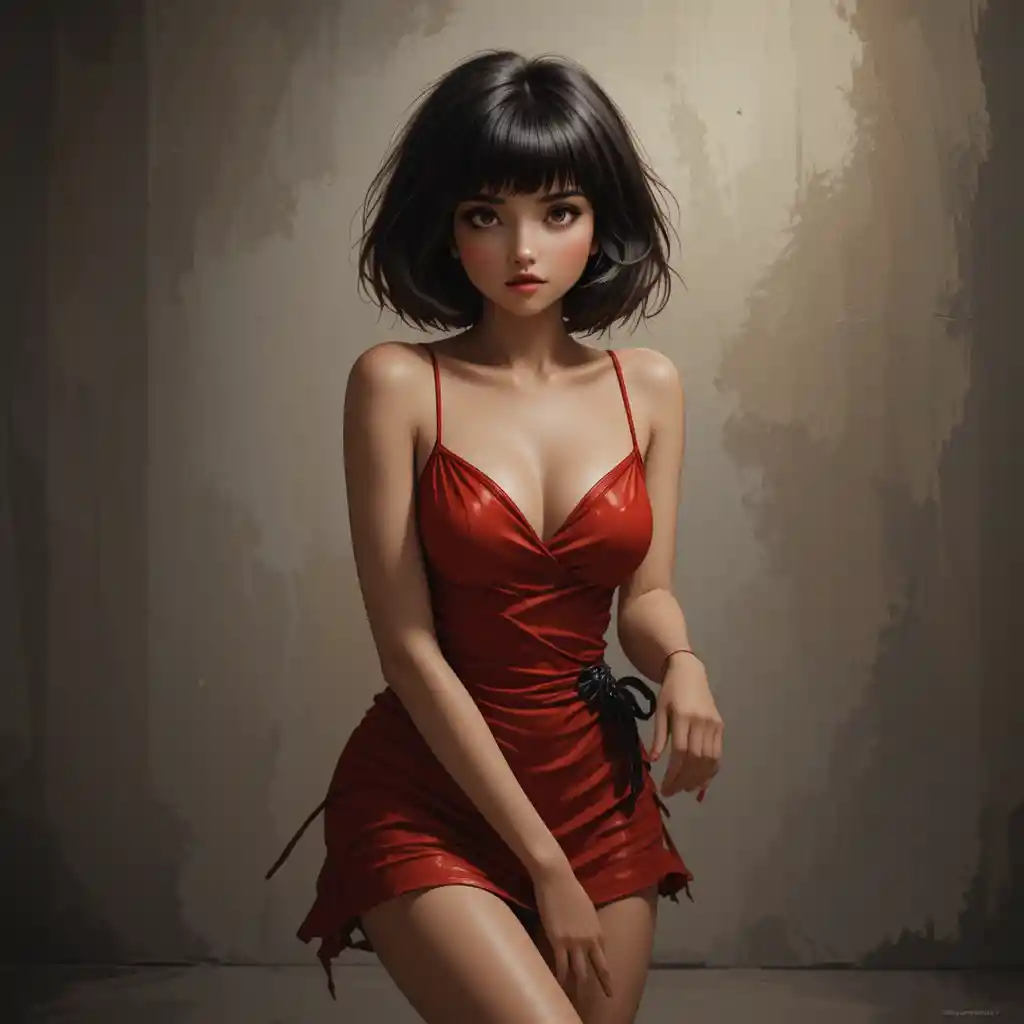 柔和棚拍燈光下站立的紅色洋裝年輕女子