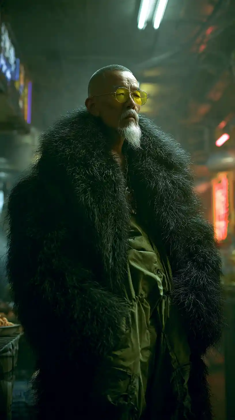 Stylish elderly man in cyberpunk street food market