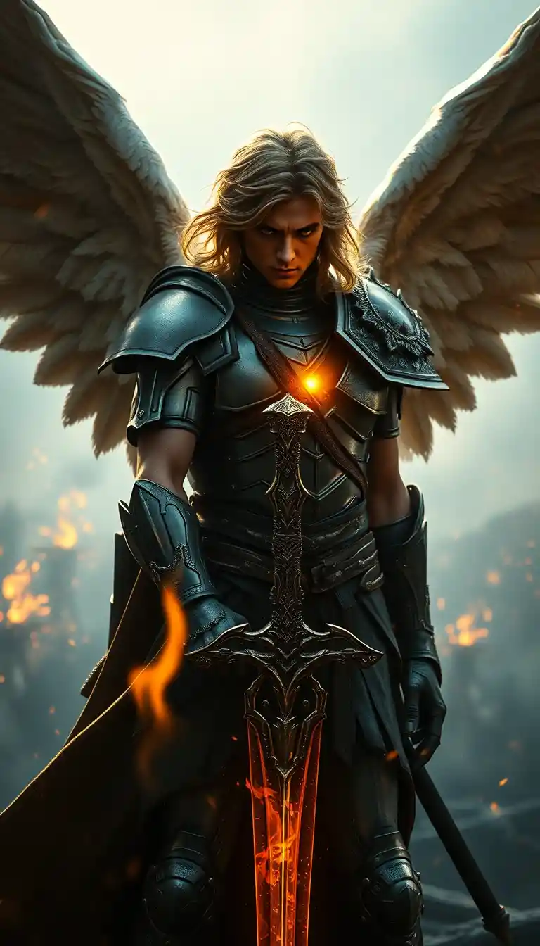 Archangel warrior close up with flaming sword and wings