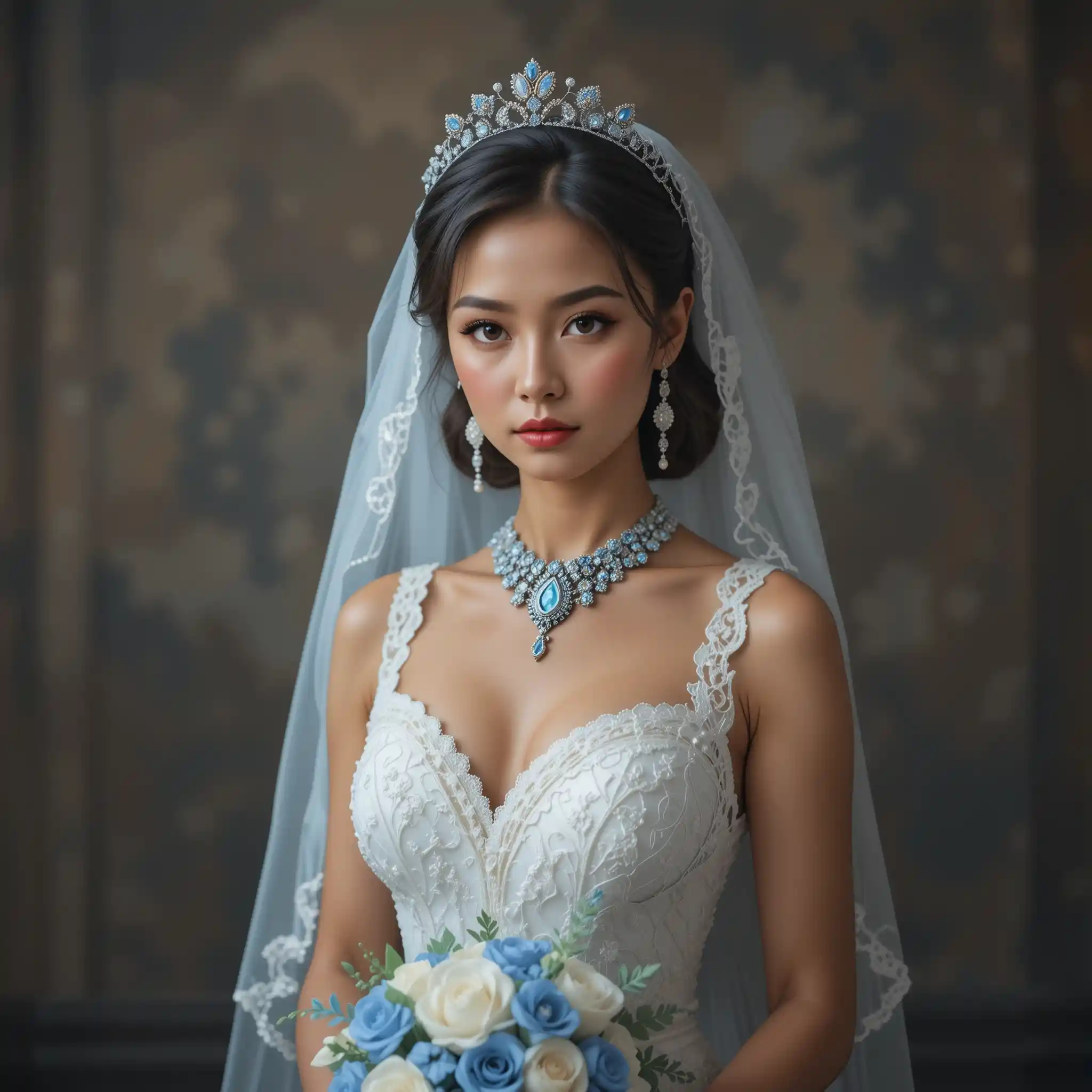 Novia elegante con vestido blanco y detalles de mariposas azules