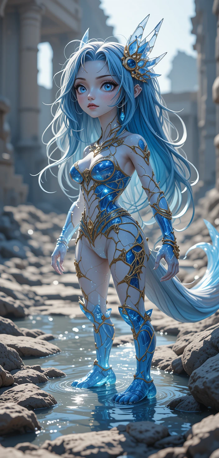 Guerriera anime con lunghi capelli ciano e marchio di gilda