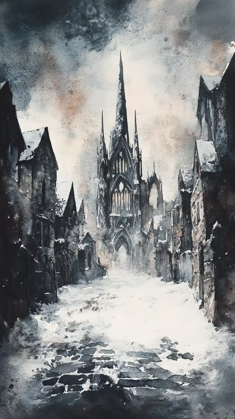 Ruinas de una catedral gótica invernal en un pueblo nevado y desolado