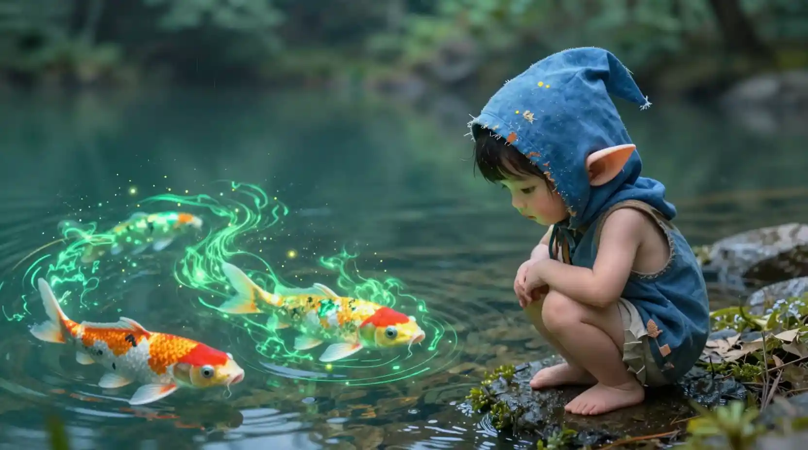 Pequeño elfo junto a un lago de cristal en un bosque resplandeciente