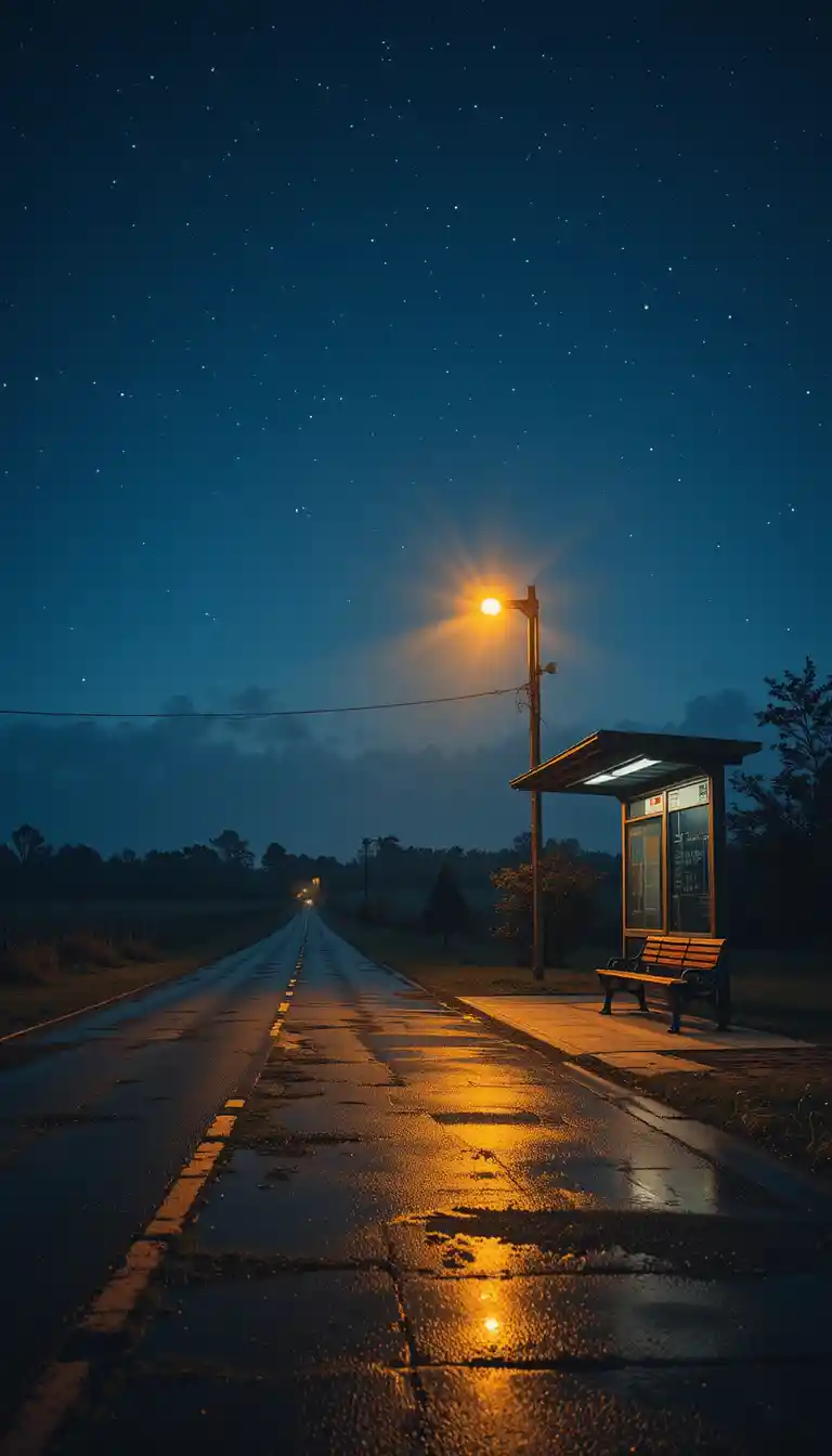 Lonely bus stop at night under a glowing streetlight