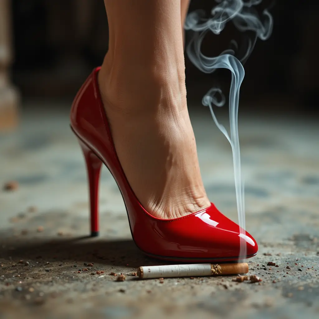 Red high heel above a smoking discarded cigarette