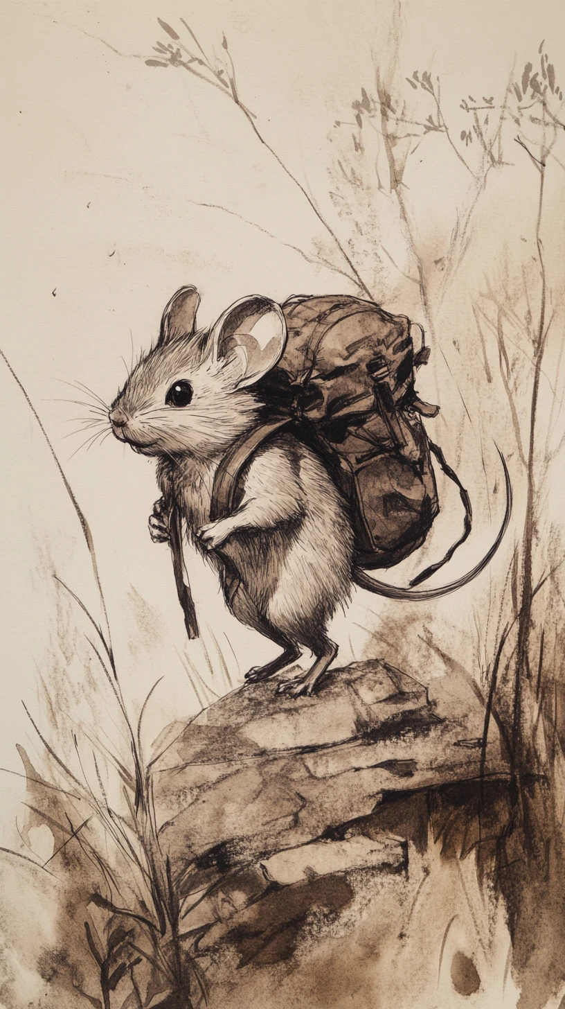 Kleine Maus mit Rucksack, die durch überwuchertes Gras läuft