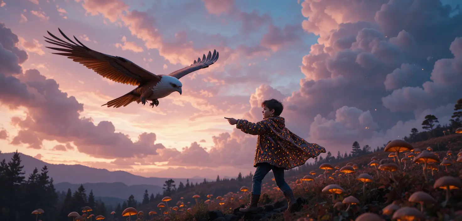 Child riding a winged deer across a twilight sky