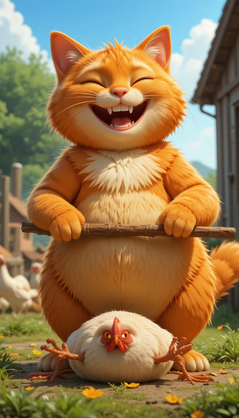 Chubby orange 3D cat hitting a chicken on a sunny farm