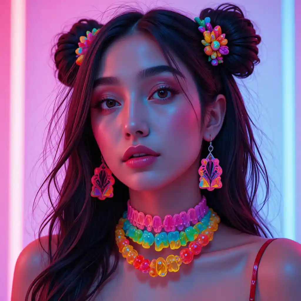 Colorful gummy jewelry in bold candycore fashion aesthetic